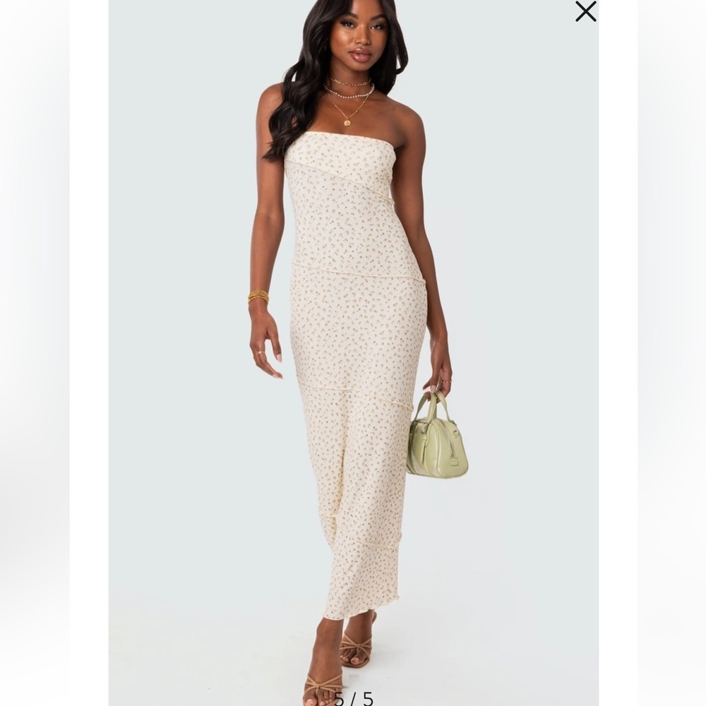 Edikted Lynn Strapless Romantic Floral Rib Knit Cream Maxi Dress, XS
